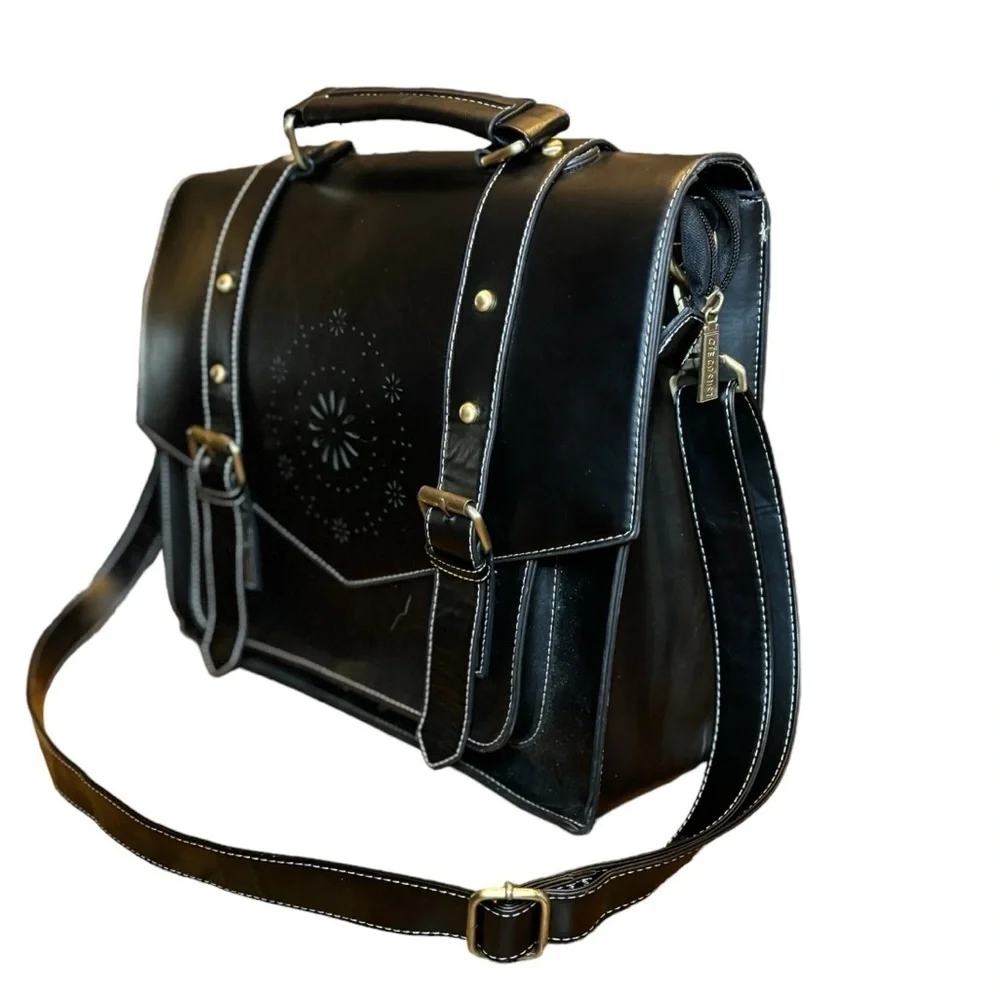 Esecosusi Black Leather Messenger Bag Briefcase Top Handle Crossbody Bag Bookbag